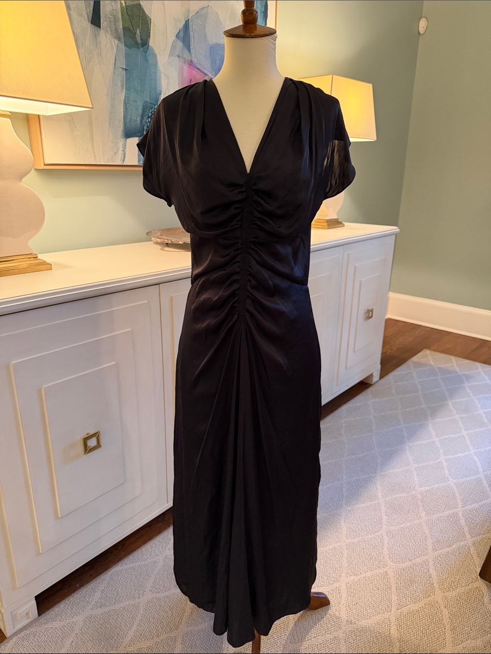 Shoshanna Elegant Black Silk Ruched V-Neck Women’s Dress